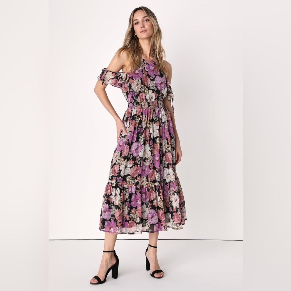 Lulus Blooming Aspiration Black Multi Floral Cold-Shoulder Midi Dress